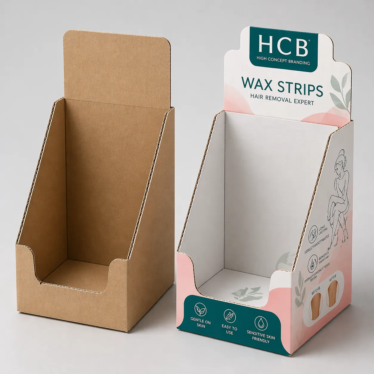 An open cardboard countertop display tray featuring pink floral graphics and feminine care brand details.